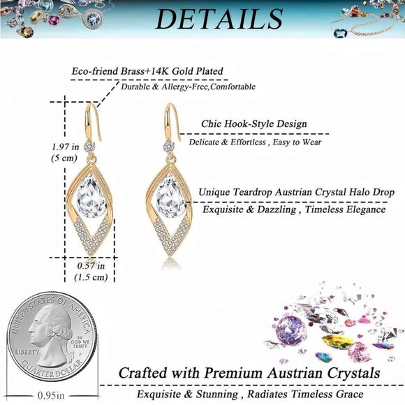 14K Yellow Gold with White Diamond Austrian Crystal Halo Leaf Teardrop Earrings - Picture 7 of 7
